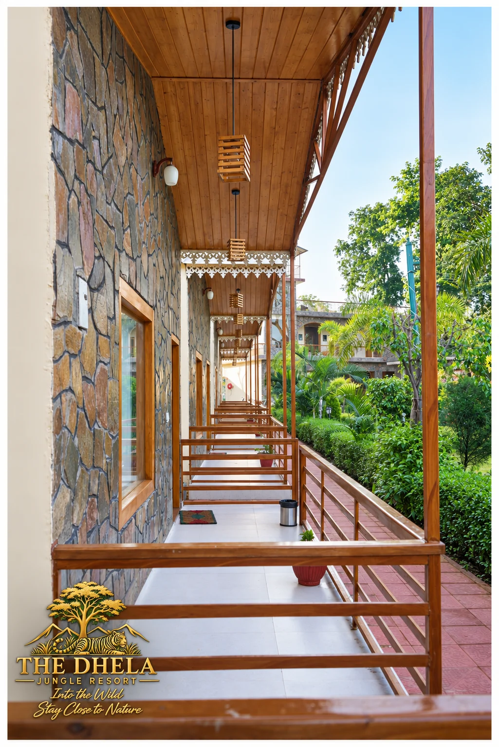 A covered timber walkway at The Dhela Jungle Resort.