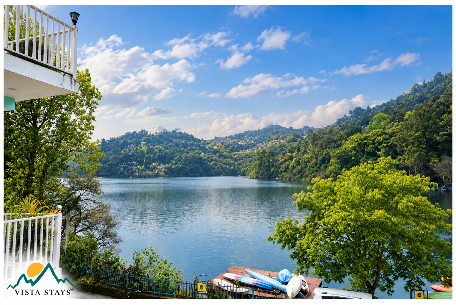 The lake and surrounding hills viewed from Hidden Lake by Vista Stays.