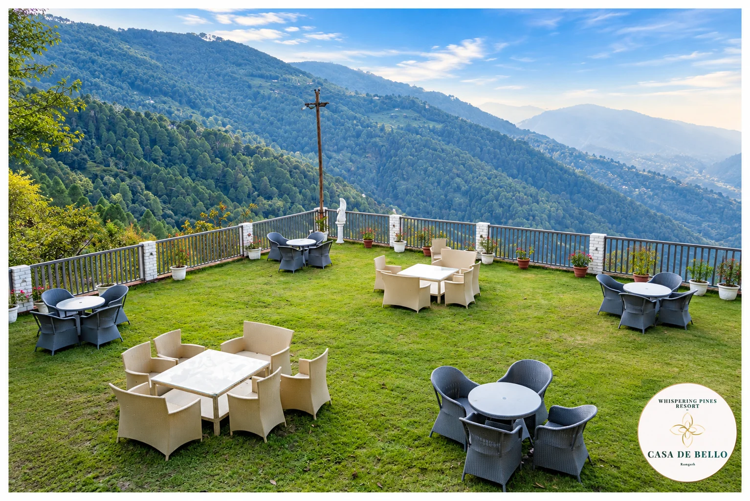 Terrace seating and hills at Whispering Pines by Casa De Bello.