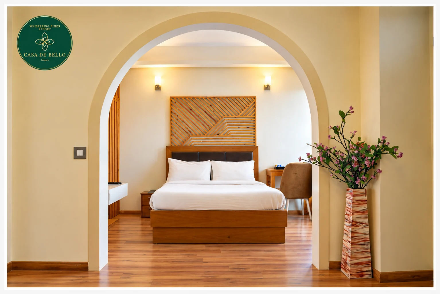 A bedroom framed by an arched doorway at Whispering Pines by Casa De Bello.